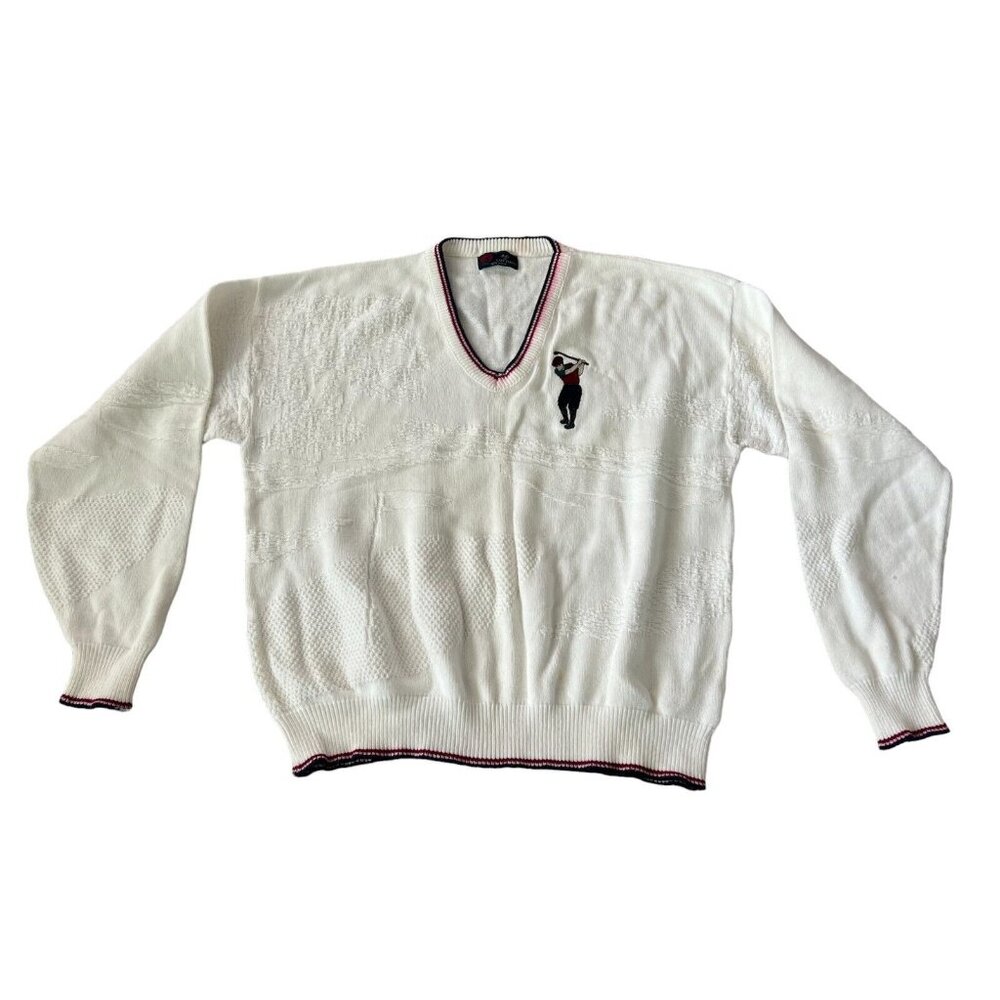 Isle Of Cotton Mens Pullover Sweater Ivory Size XL V‎ Neck Golf Embroidered Knit